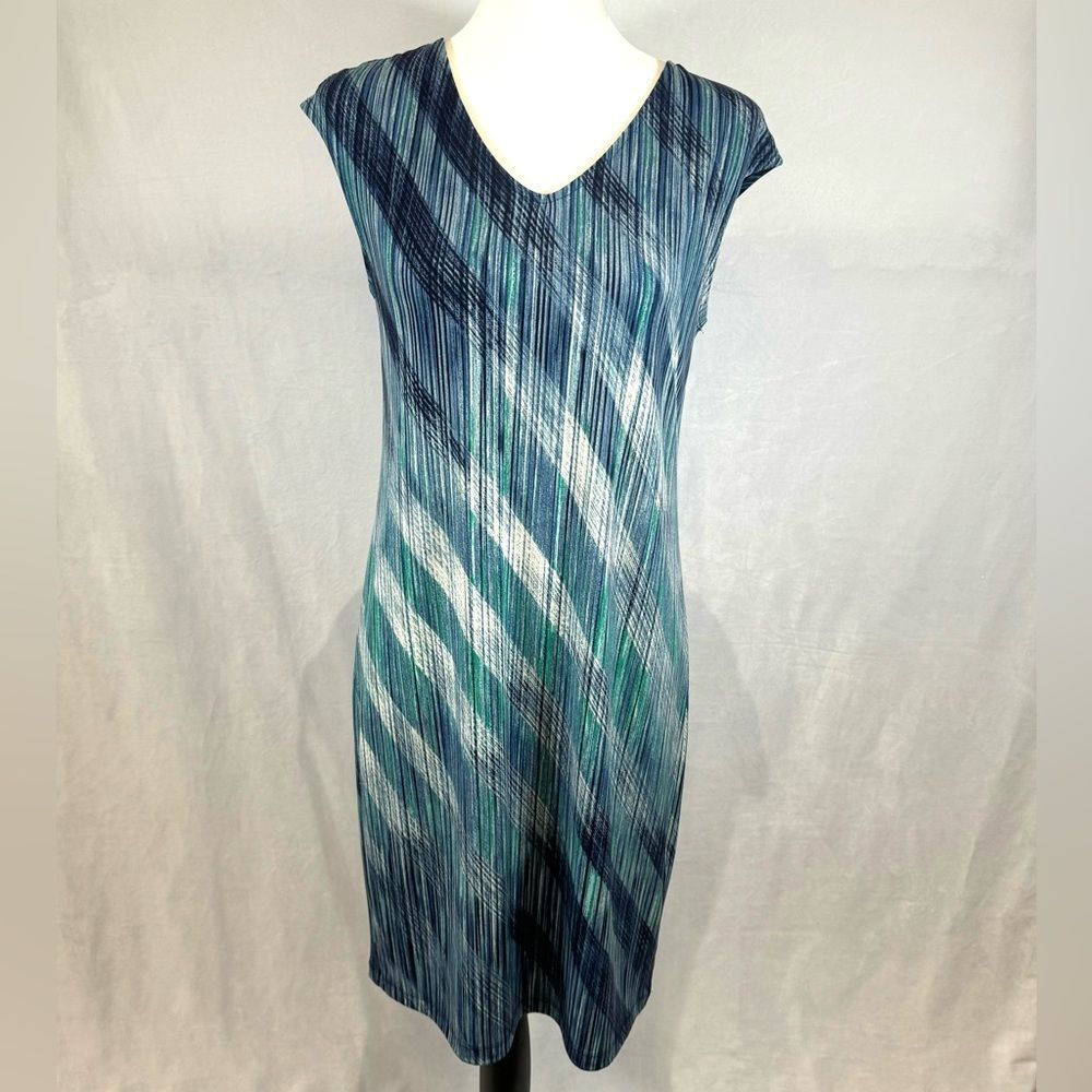 Chico's Easywear blue and turquoise abstract print shift dress size 0 (small)